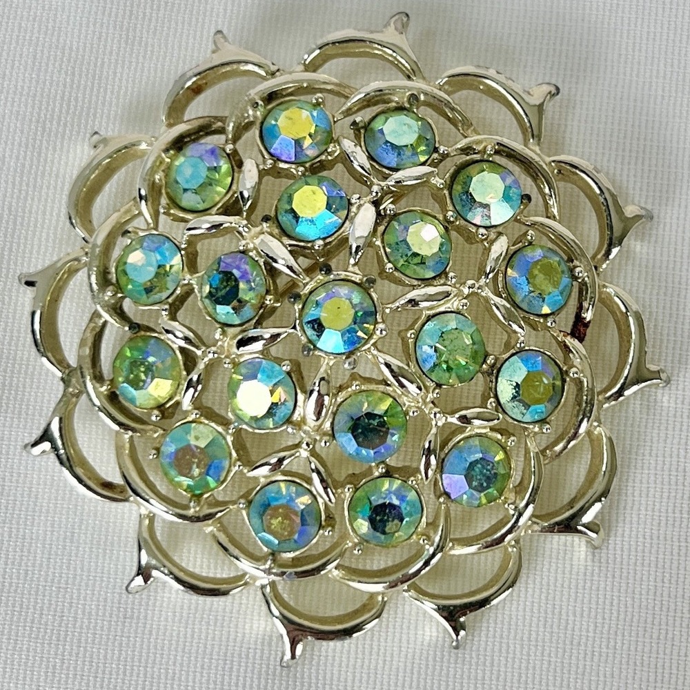 Vtg Sarah Coventry AB Aurora Borealis Rhinestone Brooch Signed Gold Tone Pin 2"